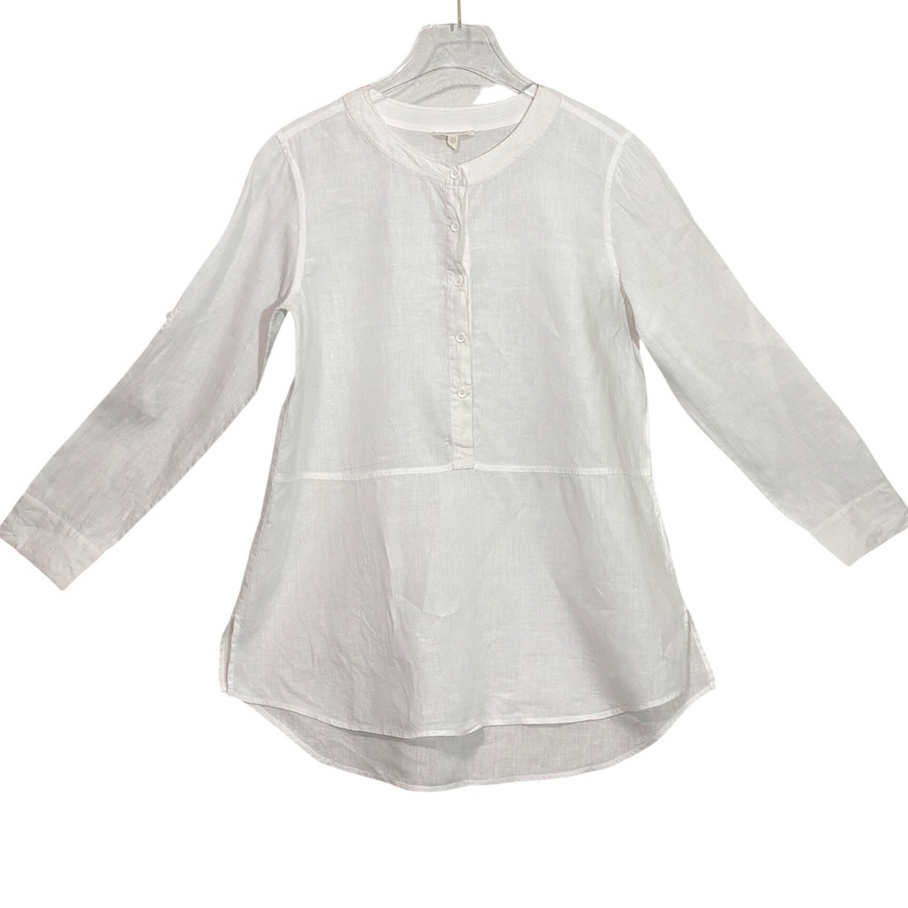 Eileen Fisher White Linen Roll Tab Sleeve Tunic Blouse Shirt - Size‎ Small